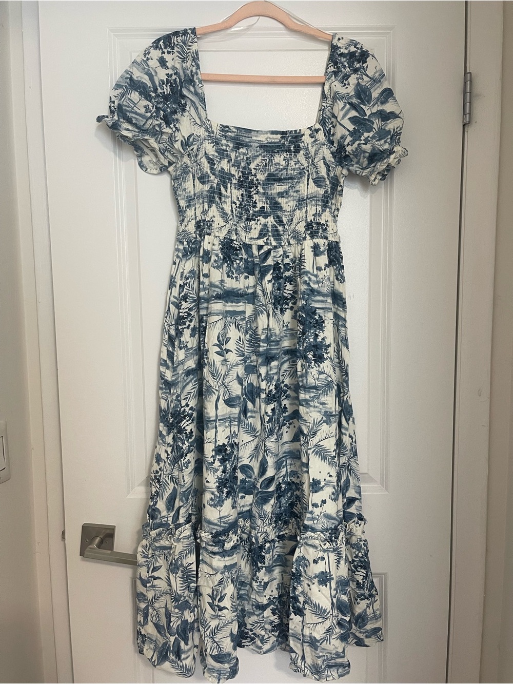 Blue & White Floral Puff Sleeve Maxi Dress